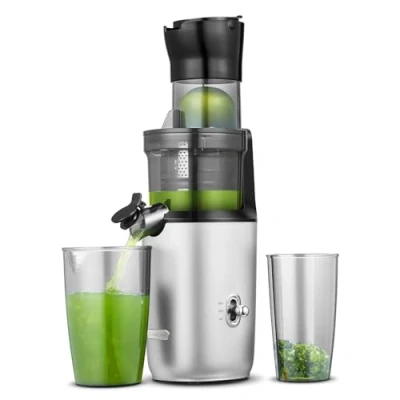 Abbildung von AMZCHEF Ganzfrucht Entsafter 80MM große Öffnung Slow Juicer Gemüse und Obst Testsieger mit Verbesserter Schnecke, Doppelschicht Filter, Retro Kippschalter, Leiser Motor Silber