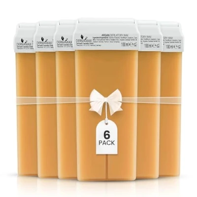 Abbildung von DERMAWAX Argan Titanium Roll On Wachspatronen 6 x 100 ml für große Flächen wie Beine, Arme, Rücken und Brust kompatibel mit Universalgeräten, pflegende Haarentfernung Arganöl