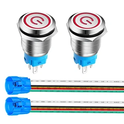 Abbildung von Gebildet 2Stück 16mm Edelstahl Latching Drucktastenschalter 12V 24V 5A Power Symbol LED 1NO1NC SPDT ON Off Wasserdichter Kippschalter mit Steckdose Stecker (Rot LED)