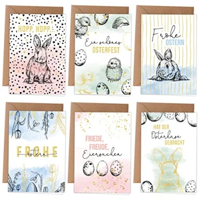 Abbildung von Papierdrachen Osterkarten 6 frühlingshafte Grußkarten als Klappkarte inklusive Umschlag zur Osterzeit Grüße an die Familie Stilvolles Design zu Ostern Motiv Pastell Set 3