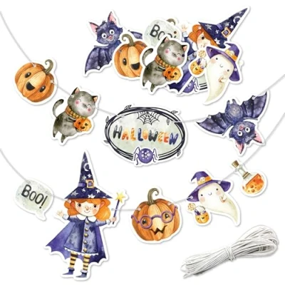 Abbildung von Papierdrachen Girlande Halloween Deko Ideen für Kinder Banner Party Gruselige Motive Set 1