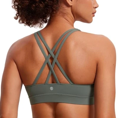 Abbildung von CRZ Yoga Damen Ohne Bügel Sport BH Gekreuzt Rücken Spaghetti Top Abnehmbare Pads Croptop Grauer Salbei L