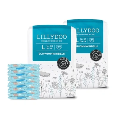 Abbildung von LILLYDOO hautfreundliche Einweg Schwimmwindeln für Babys, Größe L (14+ kg), 2 Packungen (34 Stück) mit Unterwasser Design, Windeln sicheren Schutz im Wasser