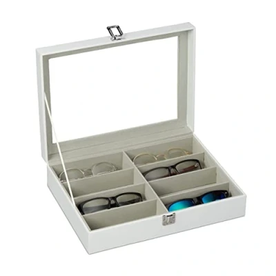 Abbildung von Relaxdays Brillenbox für 8 Brillen, Aufbewahrung Sonnenbrillen, HBT 8,5 x 33,5 24,5 cm, Kunstleder Brillenkoffer, weiß