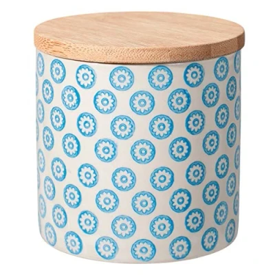 Abbildung von Bloomingville Dose Emma Aufbewahrung Behälter Topf Pott luftdicht Ø 10 x H cm, blau, Keramik, Bambus, fasst ca. 400 ml