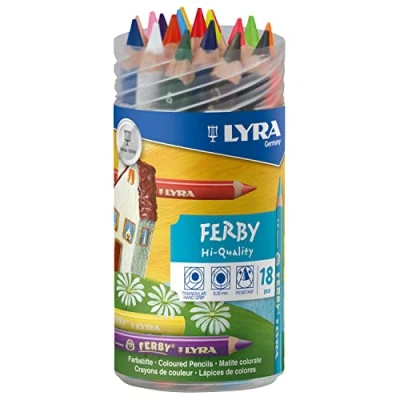 Abbildung von LYRA Ferby, Holzfarbstifte, triangular, Jumbo, lackiert, Mine 6,3 mm, Plastikdose, 18 sortierte Farben