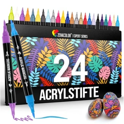 Abbildung von Zenacolor 24 Acrylstifte für Steine wasserfest mit Doppelspitze (feine Spitze und Pinsel) verschiedene Oberflächen Multimarker Acryl