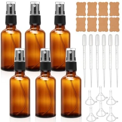 Abbildung von 50ml Sprühflasche Braun Glas 6er Set Nachfüllbar mit Pipetten Trichter Etiketten Feinsprühflasche für ätherisches Öl Parfüm Kosmetik Aromatherapie Reise