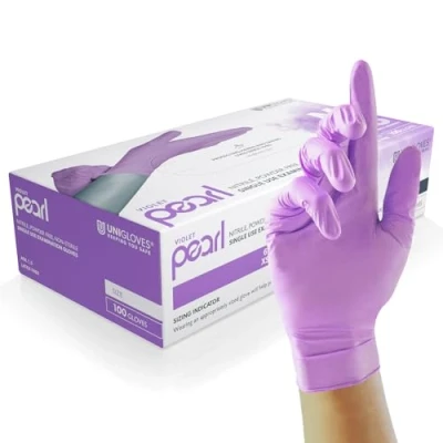 Abbildung von UNIGLOVES Violett Pearl Nitril Untersuchungshandschuhe vielseitig einsetzbar, puderfreie und latexfreie Einweghandschuhe Box mit 100 Handschuhen, Violett, Extra groß (GP0075)