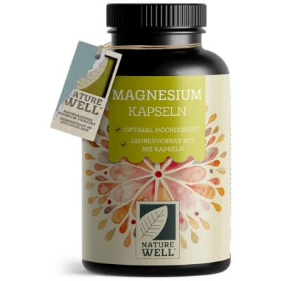 Abbildung von Magnesium Kapseln 365x 668mg Oxid, davon 400mg pro Kapsel sehr hoher Gehalt (60%) Laborgeprüft mit Zertifikat 100% vegan Vorrat für ein volles Jahr