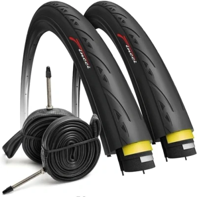 Abbildung von Fincci Rennradreifen 700x25c 2er Set Slick Faltreifen 28 Zoll mit 1 mm Nylon Pannenschutz &amp; 2X 25 622 Presta Schläuchen, Fahrradmantel 28&quot; 60 TPI für Rennrad, Carrera, Ebike, Straße Tourenrad