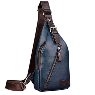 Abbildung von Hebetag Leder Sling Bag Wandern Daypack für Männer Frauen Outdoor Reisen Camping Angeln Crossbody Schulter Brust Rucksack (#23Blau)