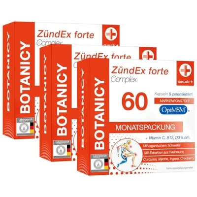 Abbildung von BOTANICY Zündex Forte Complex 3er Pack OptiMSM Hochdosiert, Extrakt aus Boswellia Serrata Weihrauch, Curcuma, Myrrhe, Ingwer &amp; Cranberry Plus Vitamine Spurenelemente 180 MSM Kapseln