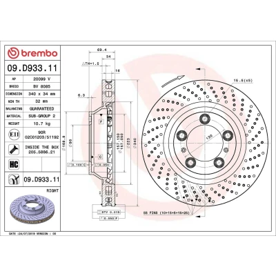 Abbildung von BREMBO 09.D933.11 Bremsscheibe 340 34 5 gelocht/innenbel. beschichtet hochgekohlt mit Schrauben PORSCHE: 911 Convertible, 718 Boxster Convertible