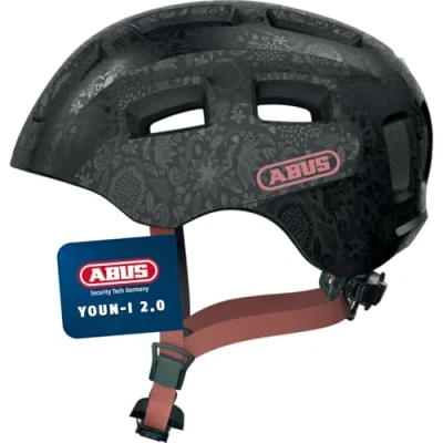 Abbildung von ABUS Fahrradhelm Youn I 2.0 mit Licht für Kinder, Jugendliche und junge Erwachsene Mädels Jungs Schwarz Blumen Muster, Größe M