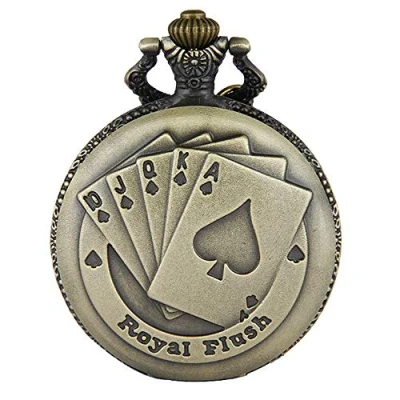 Abbildung von JewelryWe Vintage Taschenuhr Herren Analog Quarz Uhr mit Halskette Kette Kettenuhr Pocket Watch Royal Flush Poker Spielkarten