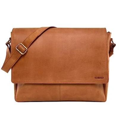 Abbildung von LEABAGS Messenger Bag, Acapulco Echtleder Aktentasche Herren &amp; Damen, Leder Laptoptasche bis 15 Zoll, Umhängetasche mit Schultergurt 39 x 30 11 cm