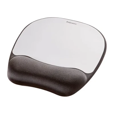 Abbildung von Fellowes Memory Foam Handgelenkauflage mit Mauspad für optische Mäuse, ergonomisch, weicher Schaumstofffüllung und Stoffbezug schwarz/Silber