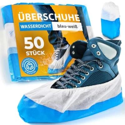 Abbildung von 50x Schuhüberzieher wasserdicht blau weiß von ISC Hygiene &amp; Safety Überschuhe Verstärkt Extra Stark &gt;9g Rutschfeste Überzieher für Schuhe Einheitsgröße, Überziehschuhe Einweg Mehrweg Galoschen