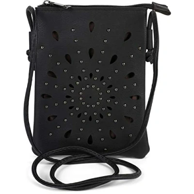 Abbildung von styleBREAKER Damen Mini Bag Umhängetasche mit Cutouts in Ethno Blumen Form und Nieten, Schultertasche, Handtasche, Tasche 02012304, Farbe:Schwarz