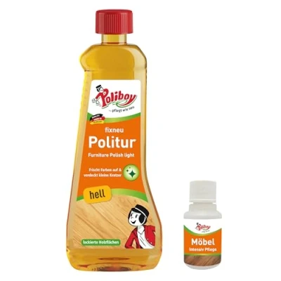 Abbildung von POLIBOY fixneu Politur hell Möbelpolitur für helle lackierte Hölzer farbauffrischende Holzpolitur 500ml Mit Produkt Probe
