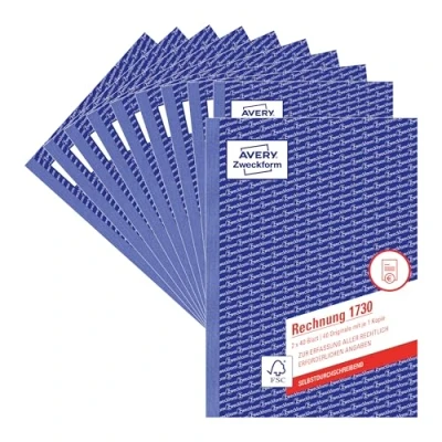 Abbildung von AVERY Zweckform 1730 10 Rechnung (A5, 2x40 Blatt, selbstdurchschreibend mit farbigem Durchschlag, enthält alle vom Finanzamt geforderten Angaben) 10er Pack, Blau/weiß