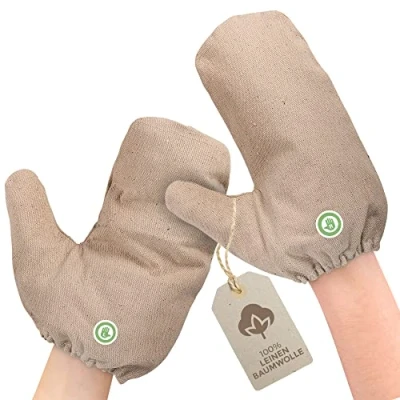 Abbildung von Massagehandschuhe aus 100% Leinen Baumwolle [1 Paar] für hautpflegende Peeling Massage trocken und nass anwendbar