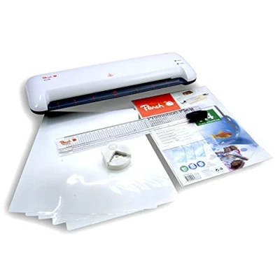 Abbildung von Peach 4 in 1 Laminierset inklusive Laminiergerät A4, Eckenrunder, Rollenschneider und Folien für Heim Büro geeignet alle handelsüblichen allen Größen bis max. A3 PL755+