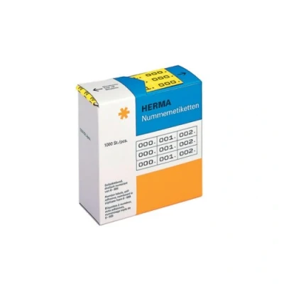 Abbildung von HERMA 4801 Nummernetiketten Zahlen 0 999, dreifach, 3000 Stück, 22 x 10 mm, selbstklebend, matt, 3fach fortlaufende Papier Zahlenetiketten Anlagenummern in Spenderbox, gelb