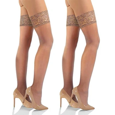 Abbildung von sesto senso Halterlose Strümpfe mit Spitze 2er Pack 15 DEN Feinstrümpfe Damen 3/4 M/L Cypria Beige Hautfarbe