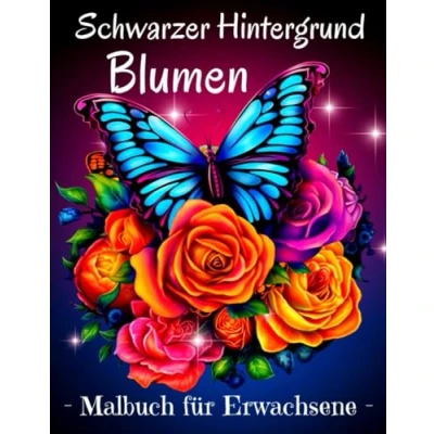 Abbildung von Blumen Malbuch für Erwachsene: Entspannende Erwachsene mit Schwarzer Hintergrund.