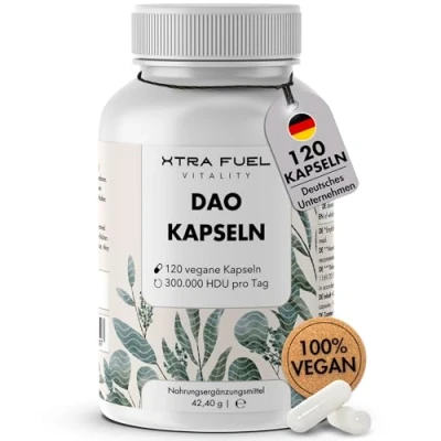 Abbildung von DAO Kapseln 120 Stück (hochdosiert) 300,000 HDU pro Tagesdosis Enzym aus Erbsenprotein vegan &amp; laborgeprüft