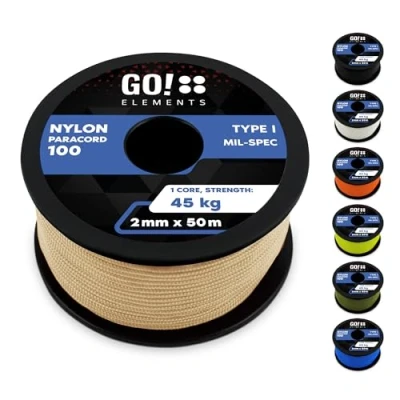Abbildung von GO!elements 50m Paracord 2mm Seil aus reißfester Nylonschnur 100 Typ I Survival Schnur Reißfest bis 45kg geeignet als Allzweckseil, Reepschnur, Kordel, Maurerschnur, Farbe: Sand
