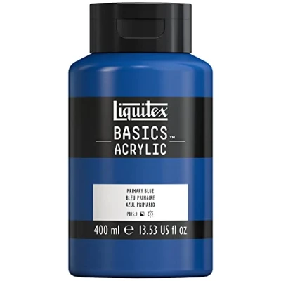 Abbildung von Liquitex 8870341 Basics Acrylfarbe, monopigmentierte Künstlerpigmente, lichtecht, mittlere Viskosität, Archivqualität, seidenglänzender Finish, 400ml Flasche Primärblau