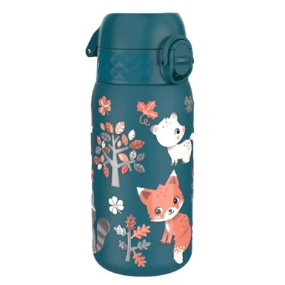 Abbildung von ION8 Kinder Trinkflasche, Edelstahl 400ml, Auslaufsicher, Einhandöffnung, Sichere Verriegelung, Spülmaschinenfest, Klappdeckel, Tragegriff, Leicht zu Reinigen, Langlebig &amp; Kratzfest, Waldtiere, Design