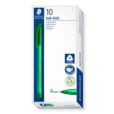 Abbildung von STAEDTLER dreikant stick Kugelschreiber, Schreibfarbe grün, Linienbreite M ca. 1,00 mm, für entspanntes Schreiben, 10 grüne Kugelschreiber im Kartonetui, 4320 5