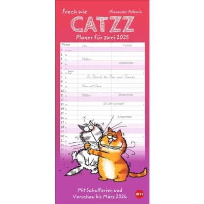Abbildung von Catzz Planer für zwei 2025: Lustiger Wandplaner zwei. Partnerkalender mit 2 Spalten. Terminkalender witzigen Cartoon Katzen. Wandkalender Personen.