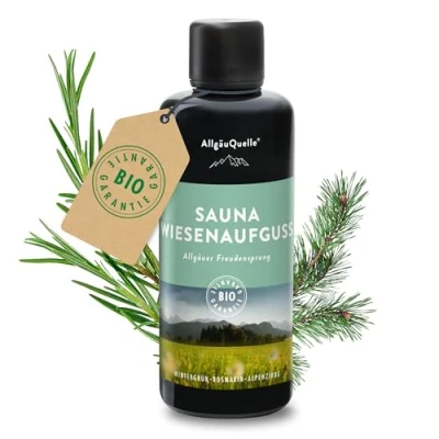 Abbildung von AllgäuQuelle® Saunaduft Aufguss mit 100% Bio Öle Freudensprung Wintergrün Rosmarin Alpenzirbe 100ml