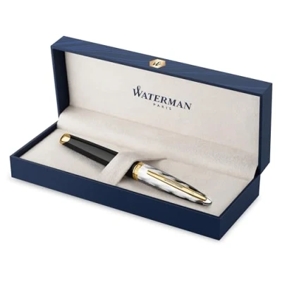 Abbildung von Waterman Carene Füller Metall und schwarzer Lack mit goldenen Zierteilen, ziselisierte Kappe Füllfederhalter feiner 18 kt Goldfeder Geschenkbox