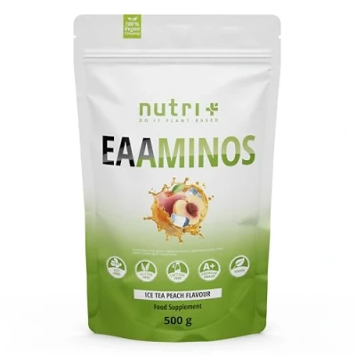 Abbildung von Nutri + EAA Powder Ice Tea Peach 500 g vegan hochdosiert alle essenzielle Aminosäuren Eistee Pfirsich Geschmack EAAs Essential Aminos Pulver