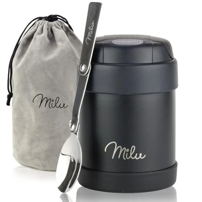 Abbildung von Milu® Thermobehälter für Essen Kinder 300ml, Edelstahl Warmhaltebehälter mit Löffel, Thermobecher 100% Auslaufsicher, Thermo Lunchbox, Thermobox Suppen, Babybrei, Speisebehälter Schwarz, 300ml