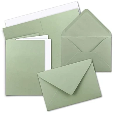 Abbildung von 10x Faltkarten Set DIN A5 in Eukalyptus Grün inkl. Umschlägen C5 und passenden Einlegeblättern Weiß blanko Klappkarten 14,8 x 21 cm