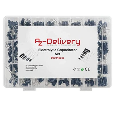Abbildung von AZDelivery Elko Sortiment Elektrolytkondensator Aluminium 24 Werte 500 Stück 0.1uF 1000uF mit Aufbewahrungsbox kompatibel Arduino inklusive E Book!