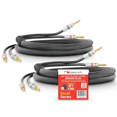 Abbildung von Nakamichi 24K vergoldeter Bananenstecker mit Lautsprecherkabel, 99,9% sauerstofffreies Kupfer (OFC), robustes geflochtenes Kabel, CL2 zertifiziert Schwarz (12AWG / 3 Fuß 0,9 Meter) 2er Pack