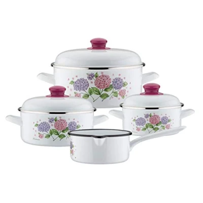 Abbildung von GSW 189989 Kochtopf Set Hortensie 7 tlg, Stahl Emaille, Kunststoff, weiß