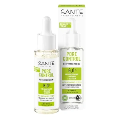 Abbildung von SANTE Naturkosmetik Serum mit Bio Gänseblume und Niacinamid Effekt, Gesichtsserum für einen ebenmäßigen Teint verfeinerte Poren, Pore Control Perfector Serum, 30 ml