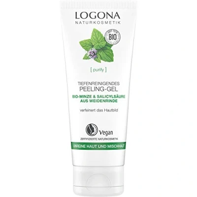 Abbildung von Bio Tiefenreinigendes Peeling Gel von LOGONA Naturkosmetik für unreine Haut &amp; Mischhaut mit Minze natürlicher Salicylsäure aus Weidenrinde, Tiefenreinigend und Mattierend, Natürlich Vegan, 100 ml
