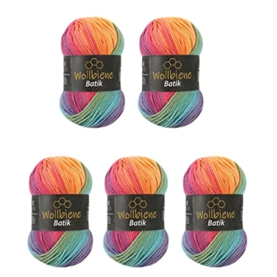 Abbildung von 5 x 100g Wollbiene Batik 500 Gramm Wolle mit Farbverlauf mehrfarbig Multicolor Strickwolle Häkelwolle (5040 pastell regenbogen)