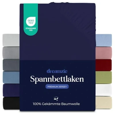 Abbildung von Dreamzie Premium Spannbettlaken 180x200 cm, Spannbetttuch für Dicke Matratzen bis zu 27 Bettlaken 100% Jersey Baumwolle, 150 g/m², Oeko TEX Zertifiziert Dunkelblau