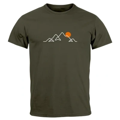 Abbildung von Neverless® Herren T Shirt Frontprint Line Art Berge Wandern Natur Outdoor Fashion Streetstyle Army XL
